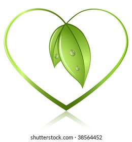 Green sprouts in shape of heart isolated on white background. Ecology preservation concept icon.