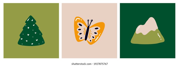 Green spruce, beautiful butterfly and green mountain. cartoon style. Ready-made postcards for children. Flat vector illustration isolated on a white background