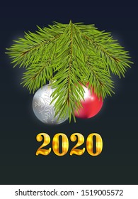 Green spruce branch with red and silver Christmas balls and gold sign 2020 -symbol of Happy New Year! Element for your design. Red and silver christmas balls