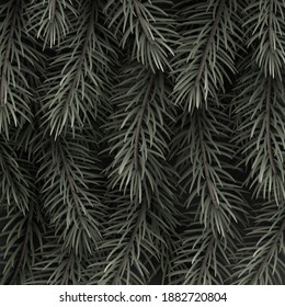 Green spruce branches with red berries realistic background. Vector illustration.