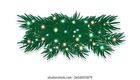  Green spruce branches with red, green, blue, balls, golden lights and stars highlighted on white background. Pine tree, Christmas evergreen plants.Vector decoration Christmas tree garland.t PNG