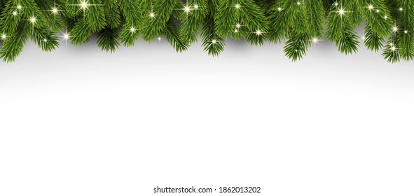Green spruce branches with shiny lights. Winter Xmas decoration for cards, flyers, banners. Space for text. Vector illustration.