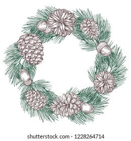 Green spruce branches wreath with cones vector illustration. Christmas branch wreath spruce, traditional holiday ornament