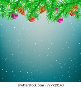 Green spruce and Christmas decoration snow blue sky background. Falling snowflakes fir tree parts toys pine cones backdrop. Winter holiday design template