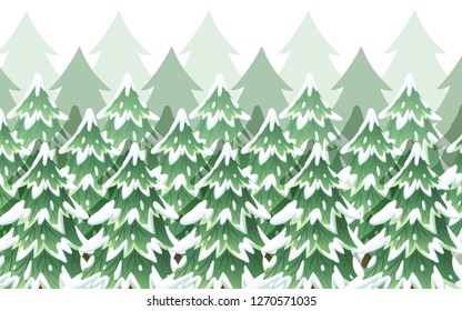 Green spruce landscape. Collection of green spruce trees. Evergreen flat style. Christmas tree in the snow. Vector illustration on white background.