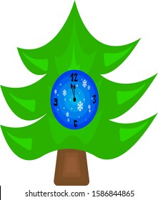 green spruce with New Year's clock, the hands of which show about twelve o’clock the concept of winter holidays and Christmas object on a white background
