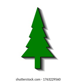 Green spruce on a white background and black shadow, sign for design, vector illustration