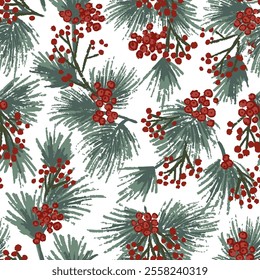Green spruce and red berries on white background, Christmas decor seamless vector pattern