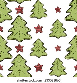 Green spruce and red stars vector seamless pattern on white background