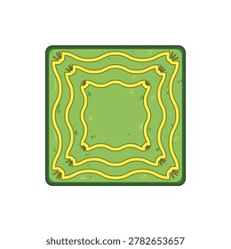 Green square area rug features a decorative yellow scalloped border design, creating a cozy and inviting abstract texture perfect for home decor and interior design concepts