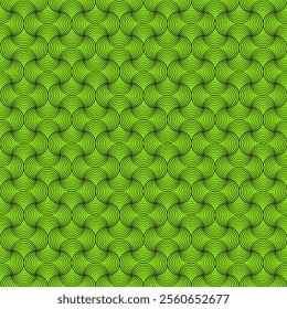 Green square background. Seamless pattern with outline blended rounds, small petal shape. Ornate tile design