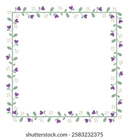 Green Square Border Frame With Purple Love Flowers And Green Leaves