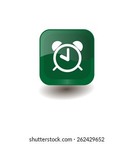 Green square button with white alarm clock sign, vector design for website 