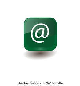 Green square button with white "at" sign, vector design for website 
