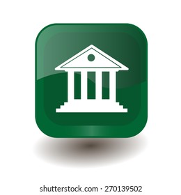 Green square button with white building with columns sign, vector design for website