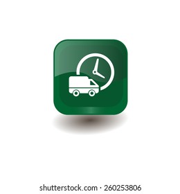 Green square button with white car and clock (delivery) sign, vector design for website 