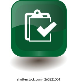 Green square button with white checklist sign, vector design for website 