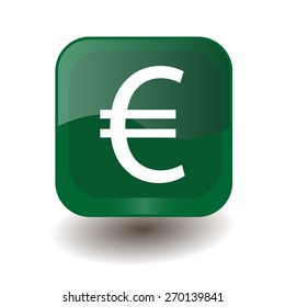 Green square button with white euro sign, vector design for website