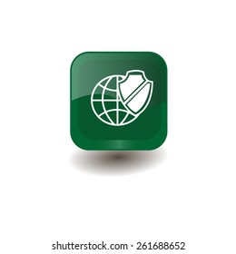 Green square button with white globe and shield sign, vector design for website 