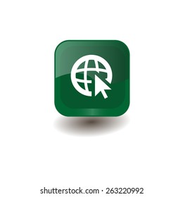 Green square button with white globe (go to web) sign, vector design for website 
