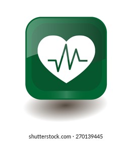 Green square button with white heart rhythm sign, vector design for website