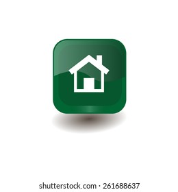 Green square button with white house sign, vector design for website 