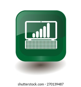 Green square button with white laptop with a graph sign, vector design for website