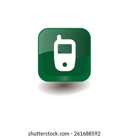Green square button with white mobile phone sign, vector design for website 