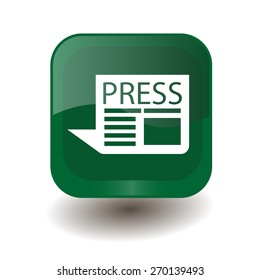 Green square button with white newspaper sign, vector design for website