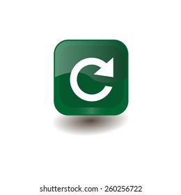 Green square button with white round arrow, vector design for website 