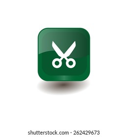 Green square button with white scissors (cut) sign, vector design for website 