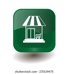 Green square button with white shop sign, vector design for website