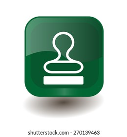 Green square button with white stamp sign, vector design for website