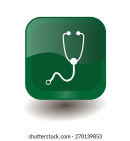 Green square button with white stethoscope sign, vector design for website
