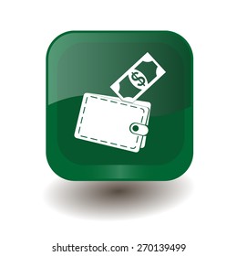 Green square button with white wallet with money sign, vector design for website
