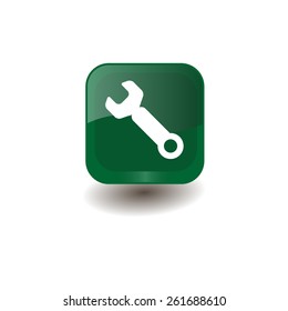 Green square button with white wrench sign, vector design for website 
