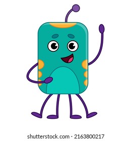 Green square cartoon cute monster or alien. Children's character for games and applications. Vector illustration isolated on white background.