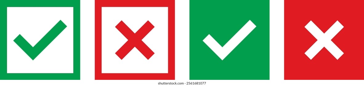 green square check mark and red square cross mark. flat icon design. vector illustration