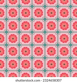 Green square checkered pattern with red flowers on a pink background. Seamless pattern vector illustration for gift wrapping paper, fabric, clothes, textile, surface textures, wallpaper, decoration.
