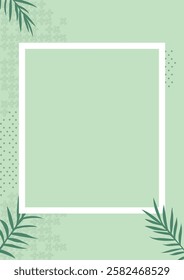 Green square frame adorned with leaves, set against a vibrant green background, creating a harmonious natural aesthetic.