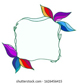 Green square frame, floral ornament with large leaves, red, orange, violet, pink, turquoise and blue, inside light blue background, isolated on white background. For presentations, notebooks, diaries.