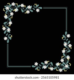 Green Square Frame With Leaves And Yellow White Flowers