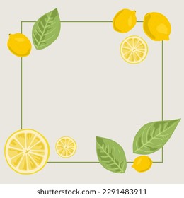 Green square frame with lemons and leaves. Modern background.