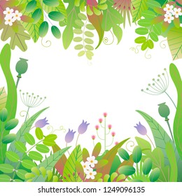 Green square frame made with colorful leaves, grass and flowers on white background with space for text. Floral border with simple elements of spring plants. Vector flat illustration.
