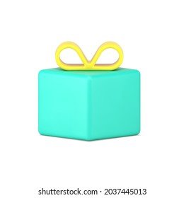 Grünes quadratisches Geschenk mit gelbem Bogen 3d Symbol. Grußüberraschung in der Fest-Box. Herzlichen Glückwunsch zum neuen Jahr und Geburtstag. Volumetrische Einkäufe mit Rabatten und Bonuszahlungen. Realistisch isolierter Vektorgrafik