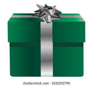 Green square glossy gift box with silver bow vector illustration.