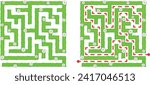 Green square hedge maze vector Illustration. Top view of the open air rectangular labyrinth made of garden bushes and grass. Education logic game for kids, preschool and school pupils.