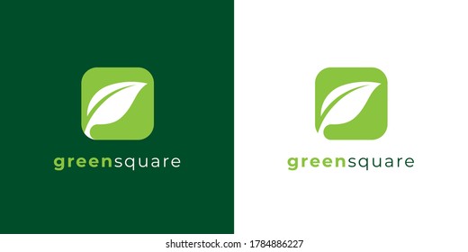 Green square leaf logo icon. Box plant sign. Eco brand app symbol. Nature company emblem. Vector illustration.