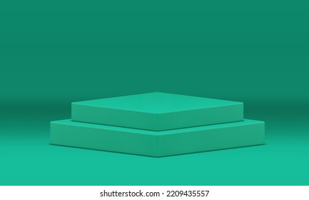 Green square podium 3d stage level stairs foundation product presentation showcase realistic vector illustration. Rhombus pedestal scene decorative studio background exhibition architecture interior
