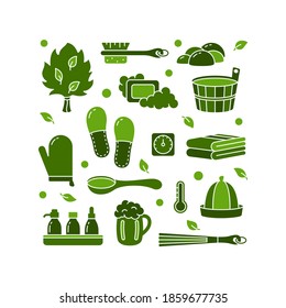 Green square poster for bath theme, sauna or Russian banya. Outline template for label, bag print, banner. Cutout silhouette illustration of spa accessory and tools. Color isolated vector icons set